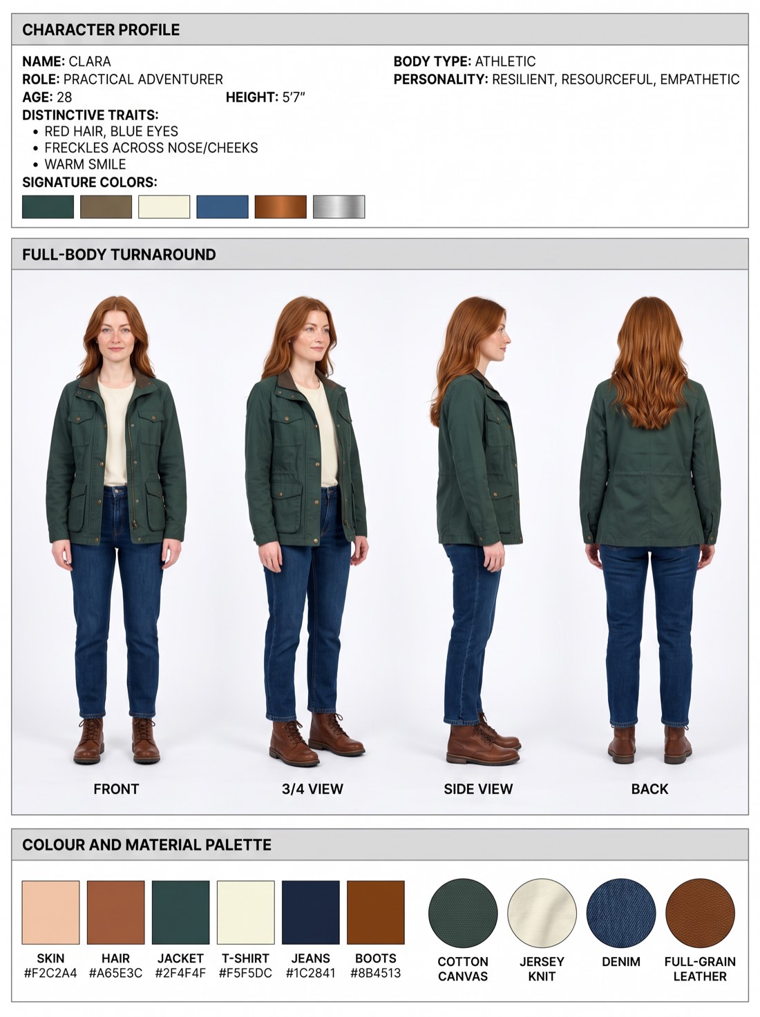Clara's character sheet: turnaround, palette and costume.